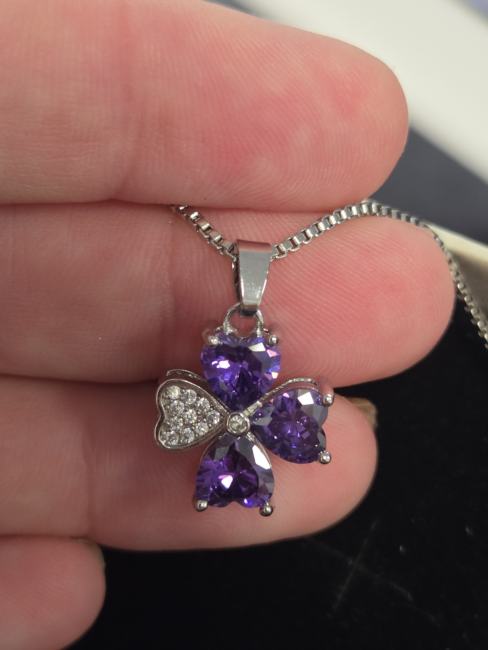 925 Sterling Silver-Amethyst Heart And Moissanite Clover Pendant Necklace